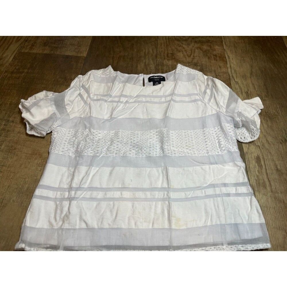 Liz Claiborne Top Womens Petite Medium P M White Short Sleeve Stiped Shirt